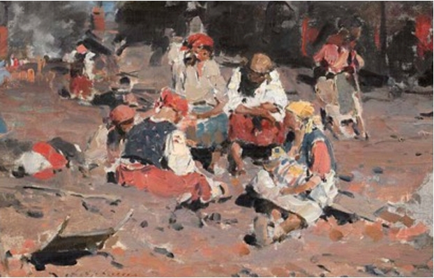 Архипов А.Е. «Поденщицы на чугунолитейном заводе». 1895. Эскиз. Холст, масло, 19,9 × 29,5 см.