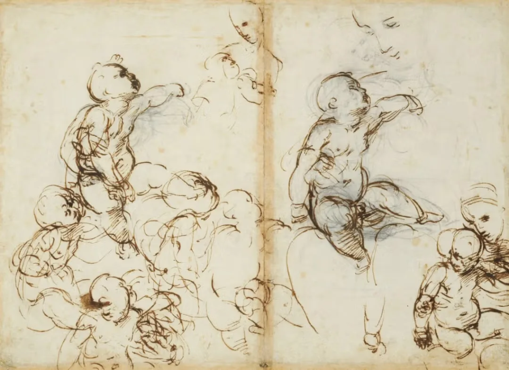 Рафаэль. Эскизы младенцев; Богоматерь с младенцем, ок. 1507–1508