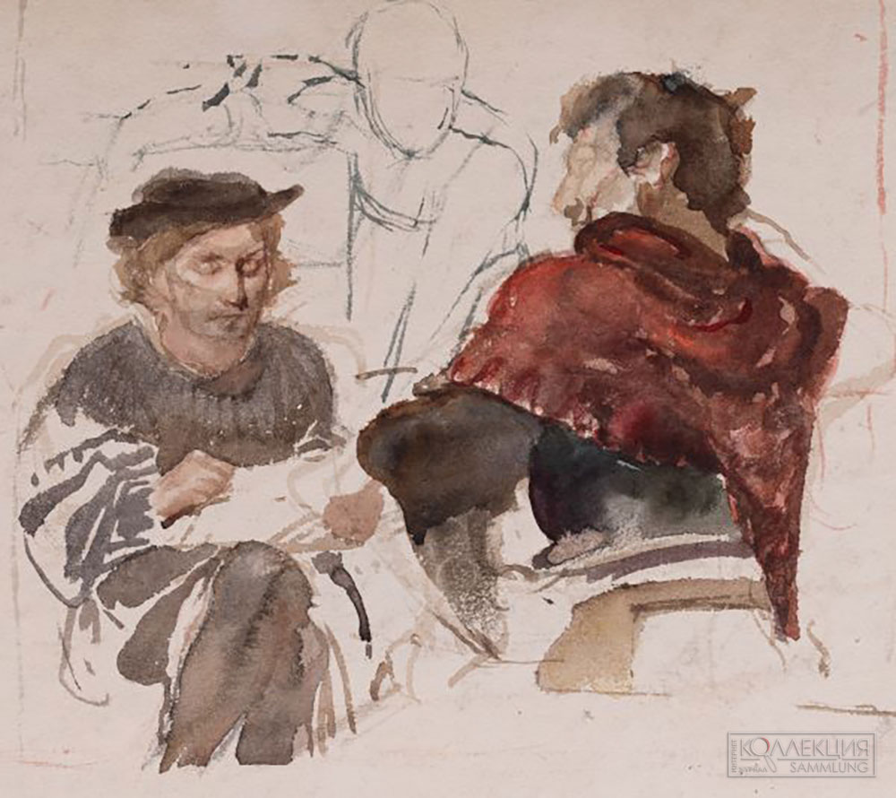 Врубель Михаил Александрович (1856-1910). [Гамлет и Офелия. Эскиз-вариант одноименной картины (1884, ГРМ) (с автопортретом в образе Гамлета). Конец 1883 — начало 1884. Не окончен]. Бумага, акварель. 22,7 × 31