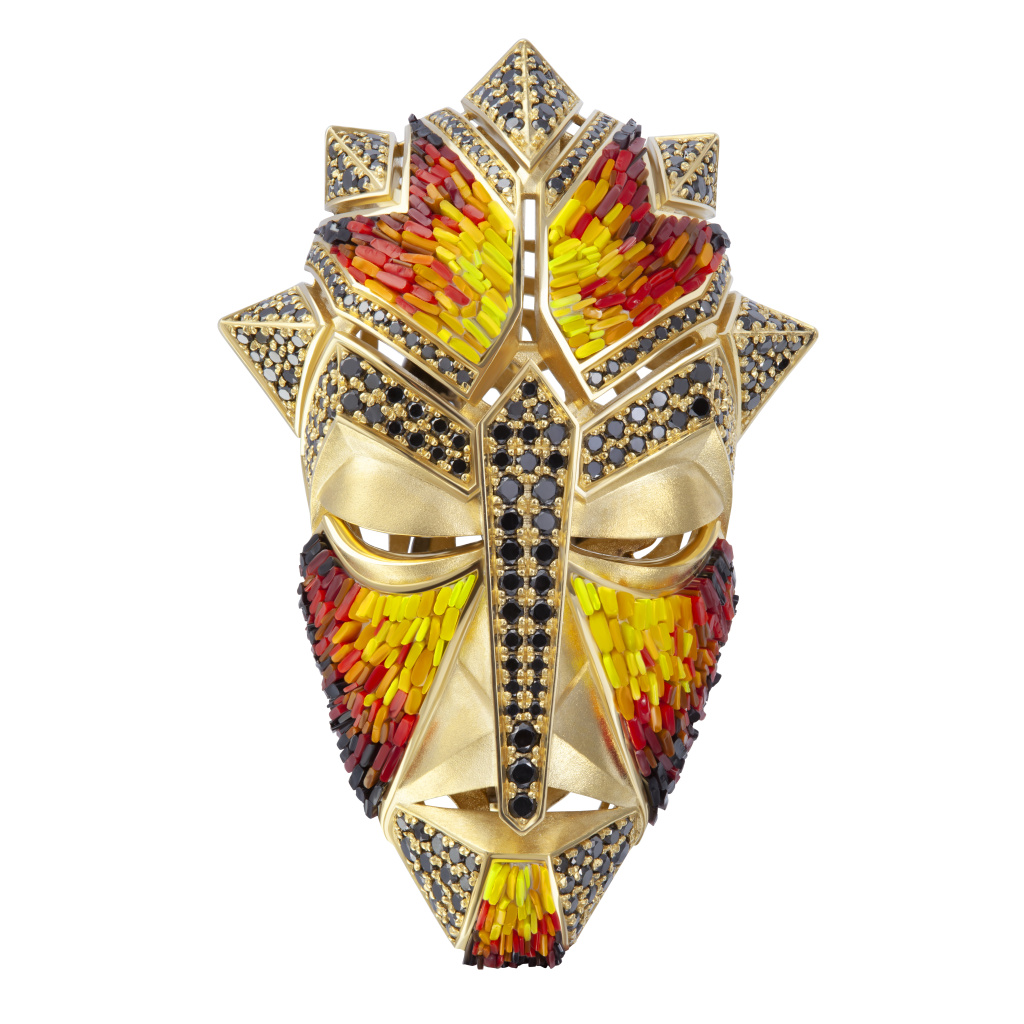 Брошь «Маска» из коллекции Eden. Желтое золото, черные бриллианты, микромозаика