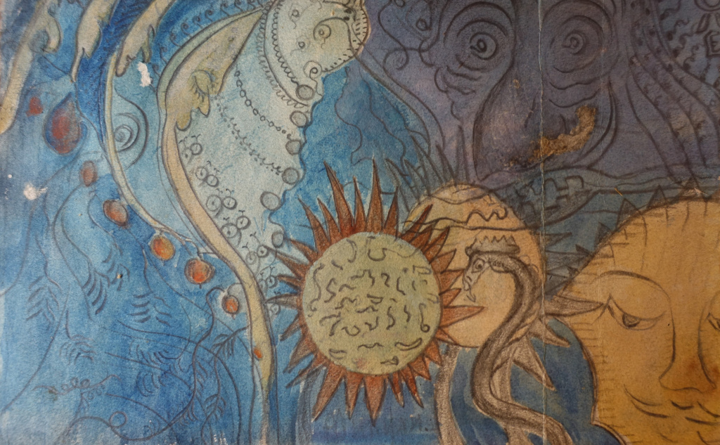 Ил. 8. А.Ф. Микули. Фантастическое царство. Без даты. Бумага, карандаш, акварель. 23×17. Собрание Е.Г. Гусевой, Москва. Оборот листа с композицией «Клеопатра»